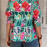 Camisa informal de mujer con estampado floral verde para las vacaciones de verano con mangas medias