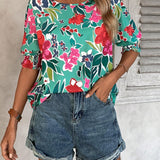 Camisa informal de mujer con estampado floral verde para las vacaciones de verano con mangas medias