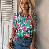 Camisa informal de mujer con estampado floral verde para las vacaciones de verano con mangas medias