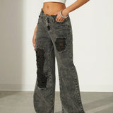 Haute Jeans rasgados de pierna ancha para mujeres con bolsillos, casuales y versatiles