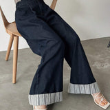 FRIFUL Jeans de pierna ancha holgada a rayas para mujeres con bolsillo y parche, versatiles y comodos para un look casual