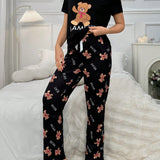 Conjunto de pijama con estampado de osito con manga corta y pantalones largos