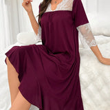 Vestido de dormir suelto informal para mujeres con diseno de encaje de bloque de color empalmado
