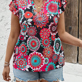 Blusa de a grande con estampado floral, escote en V, ribete de volantes en la Bottom y colorido