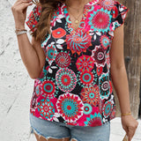 Blusa de a grande con estampado floral, escote en V, ribete de volantes en la Bottom y colorido