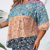 CURVE+ Camisa de a grande en verano con estampado floral, cuello de muesca, manga de campana dividida