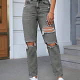 EZwear Jeans de cintura alta rotos y conicos para la primavera sin cinturon