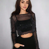 PETITE Blusa transparente de malla negra con ribete de lechuga sin abrigo tubular