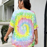 Camiseta larga floja de a grande para mujer con estampado de tie-dye y diseno colorido, cuello redondo y hombros caidos para vacaciones de verano en la playa y estilo casual diario en el campus