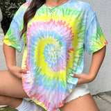 Camiseta larga floja de a grande para mujer con estampado de tie-dye y diseno colorido, cuello redondo y hombros caidos para vacaciones de verano en la playa y estilo casual diario en el campus