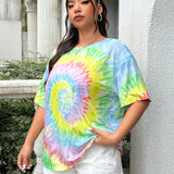 Camiseta larga floja de a grande para mujer con estampado de tie-dye y diseno colorido, cuello redondo y hombros caidos para vacaciones de verano en la playa y estilo casual diario en el campus