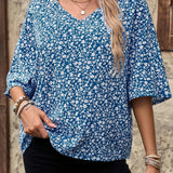 EMERY ROSE Camisa para mujer de media manga con cuello en V y estampado floral para unas vacaciones de ocio campestres