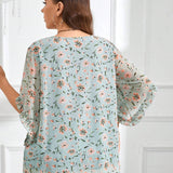 Clasi Blusa plus size con cuello redondo, mangas acampanadas, estampado de flores en chiffon y dobladillo con volantes