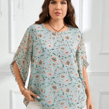 Clasi Blusa plus size con cuello redondo, mangas acampanadas, estampado de flores en chiffon y dobladillo con volantes