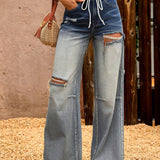 VCAY Pantalones de Jean de pierna ancha y talle alto para mujer con corte holgado, cinturon y diseno desgastado nostalgico