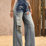 VCAY Pantalones de Jean de pierna ancha y talle alto para mujer con corte holgado, cinturon y diseno desgastado nostalgico
