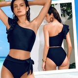 MOTF PREMIUM CONJUNTO TANKINI DE CINTURA NUDADA CON UN SOLO HOMBRO CON VOLANTES EN EL AGUJERO DEL BRAZO EN unicolor PARA LA PLAYA DE VERANO