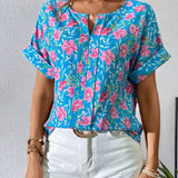 Camiseta de moda casual de verano con estampado floral azul y cuello en V