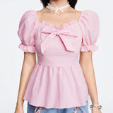 ROMWE Kawaii Camisa de cuello de muneca dulce y encantadora para mujer con decoracion de lazo y mangas abullonadas, para verano