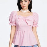 ROMWE Kawaii Camisa de cuello de muneca dulce y encantadora para mujer con decoracion de lazo y mangas abullonadas, para verano