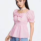 ROMWE Kawaii Camisa de cuello de muneca dulce y encantadora para mujer con decoracion de lazo y mangas abullonadas, para verano