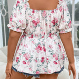 Frenchy Blusa floral de a grande con mangas abullonadas, nudo frontal y volantes para unas vacaciones de verano