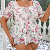 Frenchy Blusa floral de a grande con mangas abullonadas, nudo frontal y volantes para unas vacaciones de verano