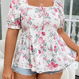 Frenchy Blusa floral de a grande con mangas abullonadas, nudo frontal y volantes para unas vacaciones de verano