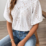 SHEIN LUNE Camisa blanca de verano para mujer con mangas abullonadas de encaje hueco y frente abierto