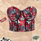 Elvis Presley   Crop top bustier estilo retro de a grande con impresion de retrato en vinilo sey, ribete de contraste para verano