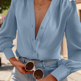 Camisa casual de mujer con cuello en V, botones delanteros, mangas de linterna y pliegues