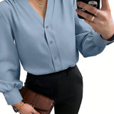 Camisa casual de mujer con cuello en V, botones delanteros, mangas de linterna y pliegues