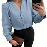 Camisa casual de mujer con cuello en V, botones delanteros, mangas de linterna y pliegues