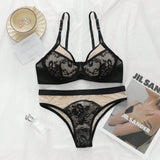 Conjunto de ropa interior de encaje negro para mujeres, Brasier ligero con soporte de aros con efecto push-up sexy y elegantes Tangas YS2450