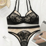 Conjunto de ropa interior de encaje negro para mujeres, Brasier ligero con soporte de aros con efecto push-up sexy y elegantes Tangas YS2450