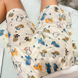 1 pieza Pantalones cortos de pijama para mujer con estampado de dinosaurios animados, ropa de dormir, ropa casual para llevar en el exterior