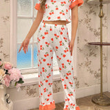 CottageSlumber Conjunto de pijama femenino con doble capa y dobladillo de volantes con estampado floral