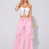 ICON Pantalones cargo sueltos con cinturon rosa y adorno de lazos en las piernas