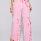 ICON Pantalones cargo sueltos con cinturon rosa y adorno de lazos en las piernas