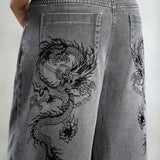 ICON Jeans de pierna ancha con graficos de dragon chino