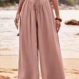 VCAY Pantalones de vacaciones anchos, sueltos, de pierna ancha con cintura alta y pliegues para mujer en unicolor