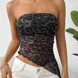 EZwear Top asimetrico sin tirantes con estampado de leopardo y bajo desigual para el verano