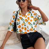 Camisa informal de manga corta con botones individuales para mujer con estampado recortado al azar para el verano