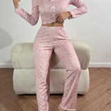 Conjunto de pijama para mujer con impresion floral, decorado con lazo, parte superior de manga larga y pantalon