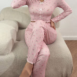 Conjunto de pijama para mujer con impresion floral, decorado con lazo, parte superior de manga larga y pantalon