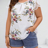 CURVE+ Blusa de encaje blanco con estampado floral para mujer de a grande