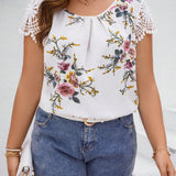 CURVE+ Blusa de encaje blanco con estampado floral para mujer de a grande