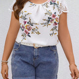 CURVE+ Blusa de encaje blanco con estampado floral para mujer de a grande