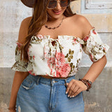 Blusa Plus con diseno floral, hombros descubiertos, ribete de volantes y nudo frontal