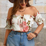 Blusa Plus con diseno floral, hombros descubiertos, ribete de volantes y nudo frontal